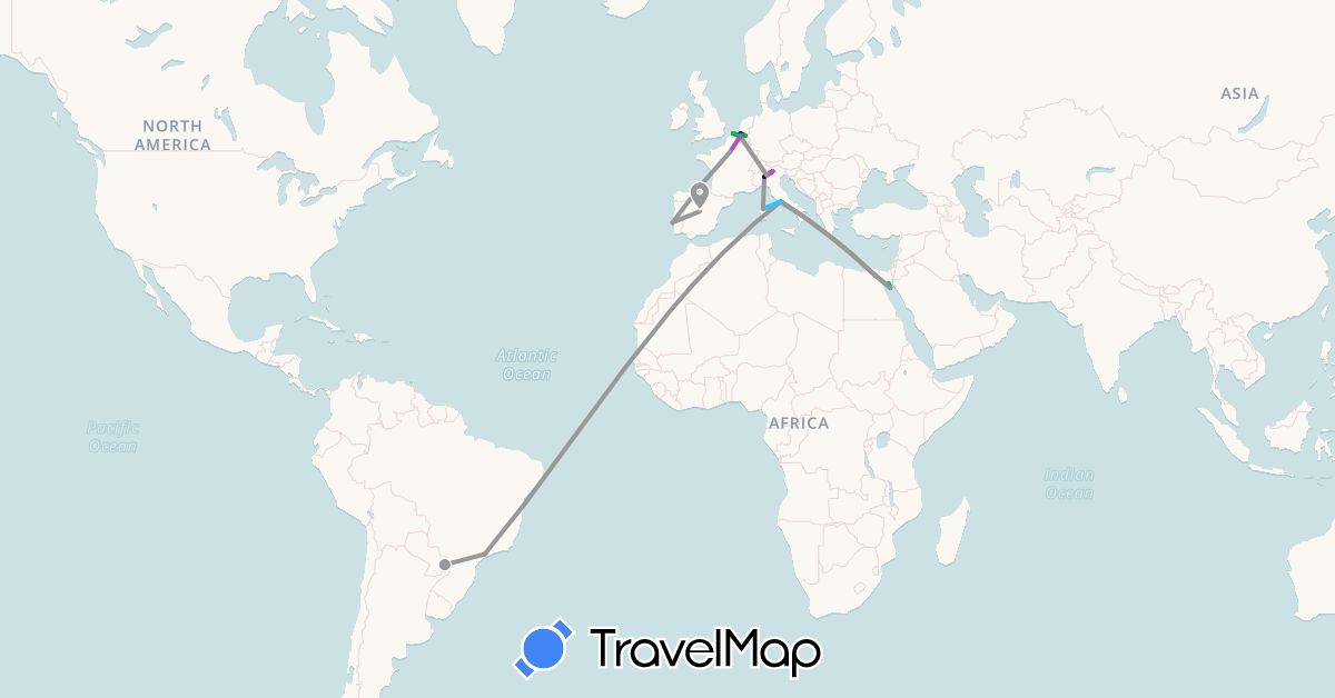 TravelMap itinerary: driving, bus, plane, train, boat in Belgium, Brazil, Egypt, Spain, France, Italy, Portugal (Africa, Europe, South America)