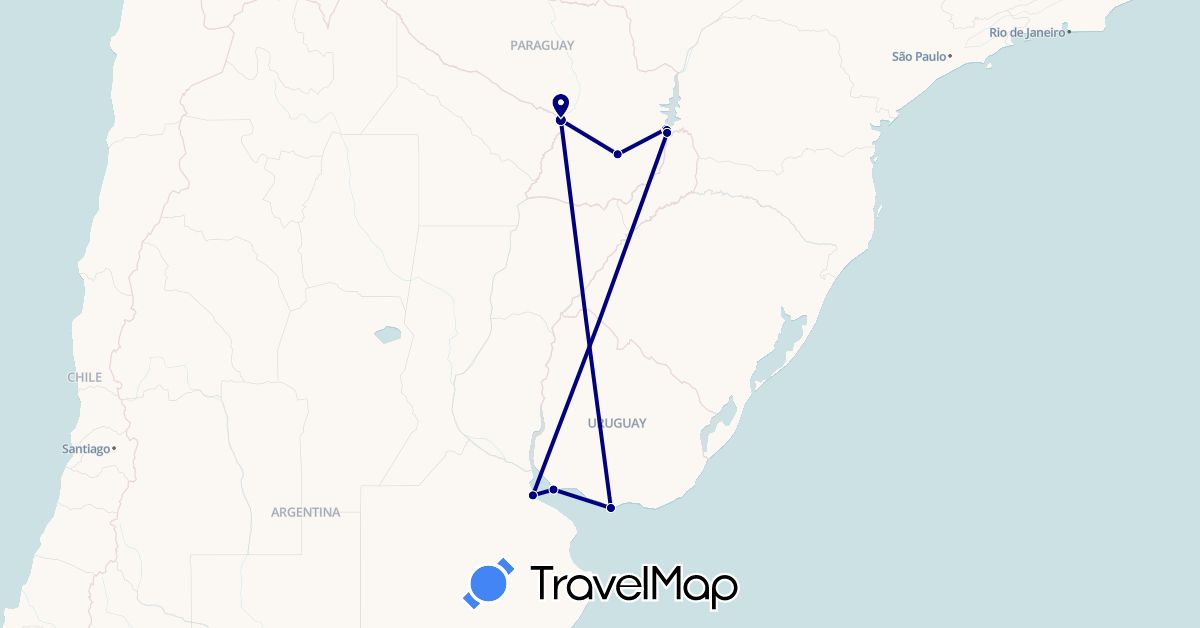 TravelMap itinerary: driving in Argentina, Brazil, Paraguay, Uruguay (South America)
